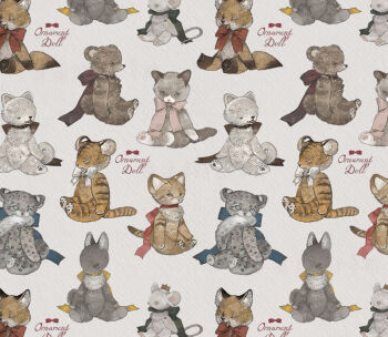 bear bow cat commentary crown doll english_text expressionless fox full_body leopard mouse_tail neck_ribbon nekosuke_(oxo) no_humans original patterned_background rabbit ribbon sitting spotted_fur still_life straight-on stuffed_animal stuffed_toy symbol-only_commentary tail teddy_bear tiger toy traditional_media