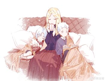 Rule 34 | 1girl, aged down, blonde hair, blue eyes, blush, book, closed eyes, closed mouth, covering with blanket, cup, dante (devil may cry), devil may cry (series), eva (devil may cry), family, hair slicked back, highres, holding, holding cup, long hair, mother and child, mother and son, multiple boys, parent and child, siblings, simple background, smile, stuffed animal, stuffed toy, teddy bear, vergil (devil may cry), watermark, weibo 2929299473, weibo watermark, white hair