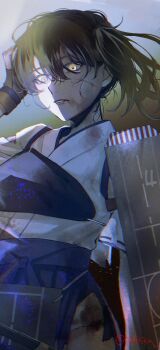 Rule 34 | 1girl, absurdres, black hair, blood, blood on face, blue hakama, brown gloves, dirty, dirty clothes, dirty face, flight deck, gloves, hagioshi, hair between eyes, hakama, hakama skirt, highres, japanese clothes, kaga (kancolle), kantai collection, kimono, muneate, parted lips, partially fingerless gloves, partially submerged, partly fingerless gloves, scratches, side ponytail, simple background, skirt, solo, tasuki, torn clothes, torn hakama, white kimono, yellow eyes, yugake