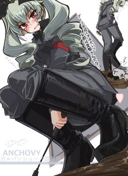 !? 1girl 1other absurdres anchovy_(girls_und_panzer) anzio_military_uniform belt black_belt black_footwear black_necktie black_ribbon black_shirt blush boots cellphone commentary_request dress_shirt drill_hair girls_und_panzer green_hair grey_jacket grey_pants hair_ribbon highres holding holding_phone holding_riding_crop isofude jacket knee_boots long_hair long_sleeves looking_at_viewer military military_uniform mud necktie open_mouth pants partial_commentary phone red_eyes ribbon riding_crop sam_browne_belt shirt smartphone smile squatting standing sweatdrop translated twin_drills twintails walking wing_collar