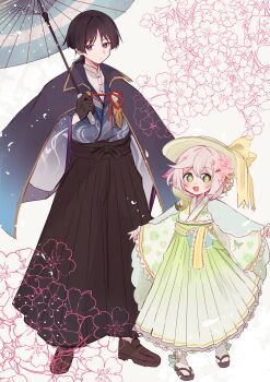 1boy 1girl alternate_costume alternate_hairstyle animal_print aomattya asymmetrical_sidelocks black_bow black_cloak black_gloves black_hair black_pants black_sandals blue_cloak blue_kimono blue_sleeves blue_umbrella blunt_ends blush bow braid bright_pupils brown_shoes bun_with_braided_base butterfly_print cloak closed_mouth cross-shaped_pupils eyeliner eyeshadow feathers floral_background floral_print floral_print_kimono flower frilled_sleeves frills genshin_impact gloves gold_trim gradient_cloak green_eyes green_hair green_hakama green_hat green_kimono green_sash hair_between_eyes hair_bun hair_flower hair_ornament hakama hakama_pants hakama_skirt haori_himo hat hat_bow height_difference highres holding holding_umbrella japanese_clothes kimono lace-trimmed_sash layered_sleeves leaf leaf_hair_ornament long_sleeves looking_at_viewer makeup mandarin_collar nahida_(genshin_impact) open_mouth outstretched_arms pants pigeon-toed pink_flower pointy_ears print_kimono purple_eyes purple_sleeves red_eyeliner red_eyeshadow rose rose_print sandals sash scaramouche_(genshin_impact) shirt shoes short_hair sidelocks skirt spread_arms stole symbol-shaped_pupils tabi tsurime umbrella undershirt wanderer_(genshin_impact) white_background white_hair white_pupils white_shirt wide_sleeves yellow_bow yellow_feathers yellow_sash zouri