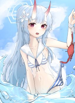 1girl absurdres bikini bikini_top_only blue_archive blue_hair blue_halo blue_nails blue_sky blunt_bangs blurry blush bottomless breasts breasts_apart center-flap_bangs chise_(blue_archive) chise_(swimsuit)_(blue_archive) collarbone convenient_censoring cowboy_shot crab day demon_girl demon_horns depth_of_field eyebrows_hidden_by_hair eyelashes flower groin hair_between_eyes hair_flower hair_ornament hair_over_shoulder halo halterneck hand_up highres horns ka_keo long_hair looking_at_viewer nail_polish navel official_alternate_costume official_alternate_hairstyle oni open_mouth outdoors ponytail red_eyes sailor_bikini sailor_collar side-tie_bikini_bottom sidelocks skin-covered_horns sky small_breasts solo stomach straight_hair striped_bikini striped_clothes swimsuit teeth unworn_bikini_bottom very_long_hair wading water water_drop wet white_flower white_sailor_collar