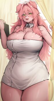 1girl :d absurdres animal_ears bare_arms bare_shoulders blush breasts cleavage commentary_request cowboy_shot detached_collar dog_ears dog_girl furry furry_female glasses green_eyes hat highres holding large_breasts looking_at_viewer nurse nurse_cap open_mouth original pink_fur smile snout solo suurin_(ksyaro)
