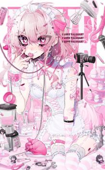 1girl apron bare_shoulders between_legs blender_(object) blood blood_on_leg blush breasts camera character_doll collar commentary corset_piercing cowboy_shot doll double-parted_bangs dress ear_piercing english_commentary frilled_apron frilled_dress frills hair_between_eyes hair_intakes hair_ornament hand_between_legs heart heart-shaped_pupils heart_o-ring hello7692 highres injury looking_at_viewer maid_headdress o-ring o-ring_thigh_strap original piercing pink_arm_warmers pink_collar pink_hair pink_thighhighs short_hair sitting small_breasts smile solo spiked_collar spikes striped_arm_warmers striped_clothes striped_thighhighs sweat symbol-shaped_pupils thigh_strap thighhighs tripod white_apron white_dress