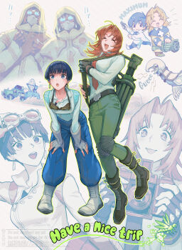 2girls absurdres blue_eyes brown_hair commentary_request denim derringer earrings gun handgun highres holding holding_gun holding_weapon jeans jewelry meryl_stryfe milly_thompson multiple_girls pants short_hair smile tall_female trigun trigun_stargaze wakrtk weapon