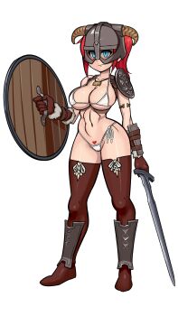 Rule 34 | 1girl, abs, armlet, armor, belt, bikini, blue eyes, boots, breasts, closed mouth, dovahkiin, dovakini-chan (nisetanaka), fake horns, female pubic hair, full body, fur-trimmed gloves, fur trim, gloves, greaves, helmet, highres, holding, holding shield, holding sword, holding weapon, horned helmet, horns, jewelry, large breasts, micro bikini, navel, necklace, nisetanaka, pauldrons, ponytail, pubic hair, red hair, shaped pubic hair, shield, shoulder armor, smile, solo, standing, strap, swimsuit, sword, the elder scrolls, the elder scrolls v: skyrim, thigh boots, transparent background, vambraces, weapon, white bikini