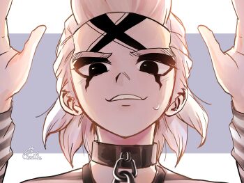 1boy black_eyes chain collar dr._stone eerika1114 hands_up highres long_sleeves looking_at_viewer male_focus portrait signature smile solo sweatdrop teeth white_hair xeno_(dr.stone)