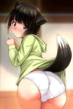 1girl absurdres animal_ears ass black_hair blurry blurry_background blush brown_eyes closed_mouth commentary_request dog_girl dog_tail green_jacket highres hood hood_down jacket long_sleeves looking_at_viewer looking_back matsunaga_kouyou no_pants nose_blush original panties short_hair smile solo tail underwear white_panties