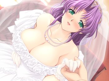 1girl aoi_sakura_(tsuma_shibori) bare_shoulders blush breasts bridal_veil cleavage dress from_above game_cg gloves green_eyes holding_hands jewelry kuroda_akimi large_breasts long_hair necklace non-web_source official_art parted_bangs pearl_necklace pov purple_hair smile tearing_up tsuma_shibori tsumamigui_(series) veil wedding wedding_dress white_gloves