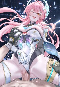 1boy 1girl absurdres aemeath_(wuthering_waves) bar_censor black_gloves blush breasts censored clothed_sex clothing_aside commentary_request cowgirl_position daram_(shappydude) elbow_gloves game_screenshot_background girl_on_top gloves grabbing_another's_breast groping hair_ornament hand_on_own_stomach heart hetero highres korean_commentary large_breasts large_variant_set leotard leotard_aside long_hair looking_at_viewer male_rover_(wuthering_waves) nipples one_eye_closed open_mouth orange_eyes penis pink_hair pov pussy rover_(wuthering_waves) screenshot_background sex smile star-shaped_pupils star_(symbol) straddling symbol-shaped_pupils thighs vaginal variant_set white_gloves white_leotard wuthering_waves