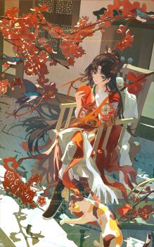 Rule 34 | 1girl, absurdres, bird, black boots, black hair, blue eyes, boots, branch, brick floor, bu guize huan, calico (pattern), calico cat, chair, chinese clothes, chinese commentary, chinese paper-cut, commentary request, dog, facial mark, flower, forehead mark, full body, hair branch, hair bun, hand on own cheek, hand on own face, hanfu, head rest, highres, holding, holding paper, lattice, long hair, looking at animal, looking down, on chair, pants, paper, paper heron, papercutting, red flower, red hanfu, reverse:1999, sitting, smile, solo, watermark, white pants, window