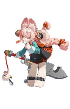 1girl ahoge animal_ear_fluff animal_ears ankle_strap black_skirt braid bright_pupils chinese_clothes ear_piercing full_body furry furry_female holding holding_sword holding_weapon huge_weapon long_hair long_sleeves looking_at_viewer official_art one_eye_closed piercing pink_fur pink_hair rabbit_ears rabbit_girl red_eyes short_eyebrows skirt smile solo sword thick_eyebrows twin_braids very_long_hair weapon white_pupils zenless_zone_zero zhao_(zenless_zone_zero)
