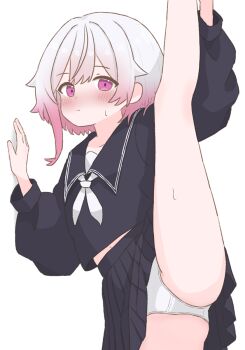 1girl against_wall black_serafuku black_skirt blush gradient_hair leg_lift leg_up long_sleeves looking_at_viewer mahou_shoujo_no_majo_saiban medium_hair multicolored_hair navel neckerchief nose_blush one_leg_raised pale_skin panties pink_eyes pink_hair sakuraba_ema school_uniform serafuku shadow simple_background skirt tabedesuyo two-tone_hair underwear upskirt white_background white_hair white_neckerchief white_panties