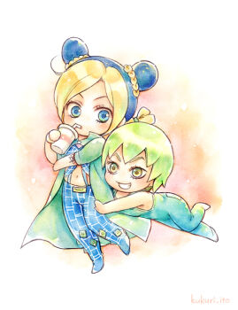 2girls bad_id bad_pixiv_id blonde_hair blue_hair braid braided_bun chibi double_bun drinking dyresbroom foo_fighters_(jojo) green_eyes green_hair hair_bun jojo_no_kimyou_na_bouken long_coat multicolored_hair multiple_girls overalls short_hair spider_web_print stone_ocean two-tone_hair