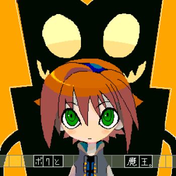 1boy :| artist_request bad_id blue_hairband boku_to_maou closed_mouth commentary_request copyright_name green_eyes hair_between_eyes hairband jaggy_lines living_shadow lord_stanley_hihat_trinidad_xiv lowres no_nose orange_background orange_hair ringed_eyes ruka_(boku_to_maou) short_hair