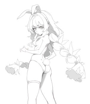 +_+ 1girl animal_ears ass azur_lane blush braid breasts convenient_censoring fake_animal_ears highres le_malin_(azur_lane) le_malin_(listless_lapin)_(azur_lane) lineart long_hair looking_at_viewer low_twin_braids official_alternate_costume pantyhose rabbit_ears rabbit_tail simple_background small_breasts solo tail topless_female twin_braids very_long_hair white_background zzzearly