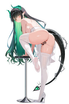 1girl absurdres arm_support ass bar_censor black_hair black_tail blush breasts censored chinese_commentary closed_mouth colored_inner_hair commentary_request dragon_girl dragon_horns dragon_tail feet from_behind gher5 green_hair green_horns high_heels highres horns lace lace-trimmed_thighhighs lace_trim large_breasts long_hair looking_at_viewer multicolored_hair no_bra no_panties original pointy_ears pumps shoes single_shoe smile soles solo standing standing_on_one_leg stool tail thighhighs toes two-tone_hair very_long_hair white_shoes white_thighhighs