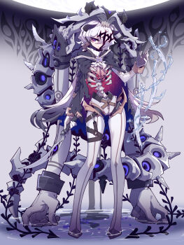 1girl absurdres black_cloak cloak cyborg extra_arms full_body gradient_hair grey_hair hair_over_one_eye highres holding holding_sword holding_weapon horns hydrokinesis imazawa joints long_hair looking_at_viewer mechabare monster_girl multicolored_hair original purple_eyes ribs robot_joints skeleton solo spine standing sword tail torn_cloak torn_clothes two-tone_hair very_long_hair wading water weapon white_hair