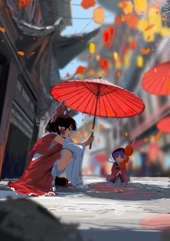 Rule 34 | 2girls, absurdres, black eyes, black hair, black shoes, bow, character name, detached sleeves, dress, food, from side, hair bow, hakurei reimu, hat, highres, holding, holding food, holding umbrella, jacket, japanese clothes, kimono, koukouya, long hair, multiple girls, pink jacket, purple hair, red bow, red eyes, red hat, red kimono, red skirt, red umbrella, shoes, skirt, socks, squatting, sukuna shinmyoumaru, touhou, umbrella, white dress, white sleeves, white socks, wide sleeves