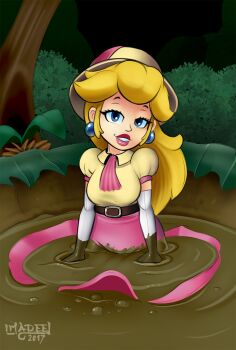 1girl artist_name ascot belt belt_buckle blonde_hair blue_eyes breasts brown_belt brown_headwear brown_shirt brush buckle collared_shirt dirty dirty_clothes earrings elbow_gloves eyelashes gloves grin half-closed_eyes head_tilt helmet highres imadeej jewelry lips long_hair long_skirt looking_at_viewer mario_(series) mario_party mario_party_2 medium_breasts mud nintendo nose outdoors partially_submerged pink_ascot pink_headwear pink_lips pink_skirt pith_helmet princess_peach puffy_short_sleeves puffy_sleeves shirt short_sleeves skirt smile solo taut_clothes taut_shirt teeth thick_lips tree white_gloves