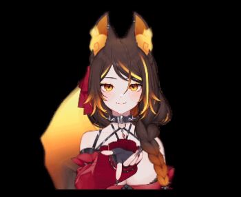 1girl animal_ears animated animated_gif blowing_kiss braid breasts brown_hair demon_girl demon_horns horns indie_virtual_youtuber multicolored_hair one_eye_closed orange_eyes orange_hair pentagram_cutout side_braid sinder_(vtuber) tail two-tone_hair virtual_youtuber wink wolf_ears wolf_girl wolf_tail