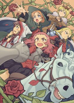 Rule 34 | 5girls, alternate costume, assam (girls und panzer), black jacket, blonde hair, blue eyes, braid, brown eyes, brown gloves, brown hair, cape, commentary request, crown, cup, darjeeling (girls und panzer), flower, girls und panzer, gloves, green eyes, hat, holding, holding knife, holding sword, holding weapon, horse, jacket, kettle, knife, long hair, multiple girls, open mouth, orange hair, orange pekoe (girls und panzer), pairan, red eyes, red hair, red jacket, rosehip (girls und panzer), rukuriri (girls und panzer), st. gloriana's military uniform, sweat, sword, teacup, twin braids, weapon, witch hat