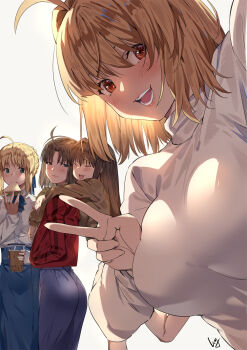 4girls ahoge aozaki_aoko arcueid_brunestud artoria_pendragon_(fate) ass backlighting bad_id bad_pixiv_id blonde_hair blue_kimono blue_ribbon blue_skirt blush breasts brown_hair brown_sweater bubble_tea closed_eyes closed_mouth club3 collared_shirt cup dress_shirt eating fate/stay_night fate_(series) food green_eyes grey_eyes hair_intakes hair_ribbon highres huge_breasts jacket japanese_clothes kara_no_kyoukai kimono large_breasts long_hair long_sleeves looking_at_viewer mahou_tsukai_no_yoru multiple_girls neck_ribbon open_mouth red_eyes red_jacket ribbon ryougi_shiki saber_(fate) sandwich shirt short_hair simple_background skirt small_breasts smile sweater tsukihime turtleneck type-moon v white_background white_shirt white_skirt white_sweater