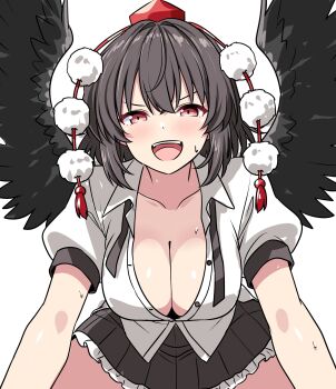 1girl absurdres black_hair black_skirt black_wings blush breasts cleavage collared_shirt commentary_request feathered_wings frilled_skirt frills hat highres large_breasts looking_at_viewer pleated_skirt puffy_short_sleeves puffy_sleeves red_eyes red_hat rise_(rise19851203) shameimaru_aya shirt short_hair short_sleeves skirt smile solo sweat tokin_hat touhou white_background white_shirt wings