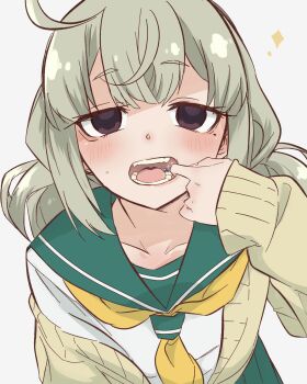 1girl araga_kiwi blush cardigan dental_filling double_bun finger_in_own_mouth glint green_sailor_collar green_skirt grey_hair hair_bun highres jitome leaning_forward mahou_shoujo_ni_akogarete mole mole_under_eye mouth_focus mouth_pull neckerchief open_mouth parallel_fleet purple_eyes realistic_teeth sailor_collar saliva school_uniform serafuku shirt simple_background single_off_shoulder skirt sleeves_past_wrists small_sweatdrop solo sparkle teeth white_background white_shirt yellow_cardigan yellow_neckerchief