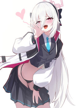 1girl absurdres black_hairband black_jacket black_panties black_skirt blazer blue_archive blue_necktie blush bright_pupils clothes_pull commentary double-parted_bangs fellatio_gesture hair_between_eyes hairband halo hand_up heart highres jacket kei_(blue_archive) kei_(new_body)_(blue_archive) long_hair long_hair_between_eyes looking_at_viewer necktie nonoka7221 panties pink_eyes pleated_skirt ringed_eyes saliva shirt simple_background skirt skirt_pull solo straight_hair tongue tongue_out underwear very_long_hair white_background white_hair white_pupils white_shirt