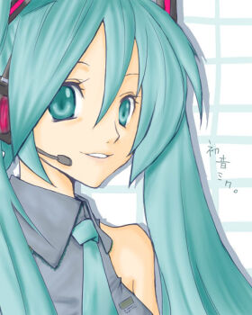 1girl 2000s_(style) blue_eyes blue_hair blue_necktie collared_shirt commentary_request grey_shirt hatsune_miku long_hair looking_at_viewer necktie sharufuto shirt sleeveless sleeveless_shirt solo twintails upper_body vocaloid white_background