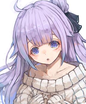 Rule 34 | 1girl, ahoge, alternate costume, azur lane, bare shoulders, black ribbon, blush, center-flap bangs, collarbone, commentary request, double-parted bangs, hair ribbon, highres, long hair, long sleeves, looking at viewer, nyucha, off-shoulder sweater, off shoulder, one side up, oversized sweater, parted hair, parted lips, purple eyes, purple hair, raised eyebrows, ribbed sweater, ribbon, ringed eyes, simple background, sleeves past wrists, solo, surprised, sweater, unicorn (azur lane), upper body, white background, white sweater