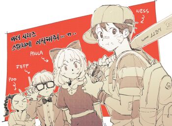 1girl 3boys arrow_(symbol) bac0n_pancakes backpack bad_id bad_pixiv_id bag baseball_bat baseball_cap bow braid character_name closed_mouth commentary_request dress food glasses greyscale_with_colored_background hair_bow hat holding holding_baseball_bat holding_food jeff_andonuts korean_text looking_at_viewer monochrome mother_(series) mother_2 multiple_boys ness_(mother_2) nintendo opaque_glasses paula_(mother_2) poo_(mother_2) shirt short_hair simple_background striped_clothes striped_shirt translation_request