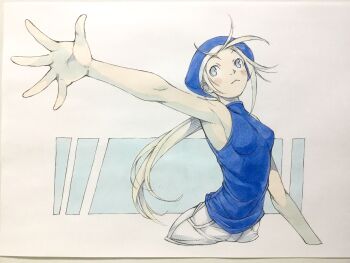 1girl :&lt; armpits bare_arms blonde_hair blue_eyes blue_hat blue_shirt breasts closed_mouth commentary_request cropped_torso hat highres long_hair looking_to_the_side open_hand original outstretched_arm pants peter_salt ponytail shirt sleeveless sleeveless_shirt small_breasts solo standing traditional_media very_long_hair white_pants