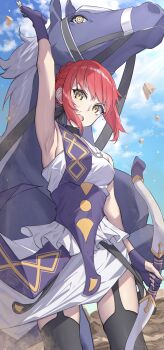 1girl absurdres ancient_greek_clothes black_horse bow_(weapon) braid bun_with_braided_base chiton commentary_request fate/strange_fake fate_(series) fingerless_gloves gloves goddess_of_war_(fate) greco-roman_clothes hair_bun hair_ribbon highres hippolyta_(fate) holding holding_bow_(weapon) holding_weapon horse kalion_(fate) looking_at_viewer pelt_of_the_divine_beast_(fate) red_hair ribbon short_hair solo stola toukan weapon yellow_eyes