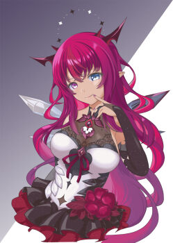 Rule 34 | 1girl, black dress, blue eyes, breasts, brooch, closed mouth, commentary, cropped legs, crystal wings, detached sleeves, dress, english commentary, finger to mouth, gem, glawsbsxpytn7j9, grey background, hand up, heart, heart brooch, heterochromia, highres, hololive, hololive english, horns, irys (hololive), irys (irys 1.0) (hololive), jewelry, large breasts, long hair, looking at viewer, pointy ears, purple eyes, purple gem, purple hair, smile, solo, two-tone background, two-tone dress, very long hair, virtual youtuber, white background, white dress, wings