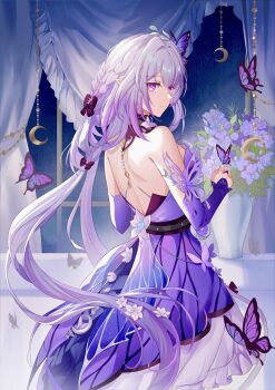 1girl absurdres artist_name back bare_shoulders bow breasts bug butterfly butterfly_hair_ornament butterfly_on_hand castorice_(gossamer_flutter)_(honkai:_star_rail) castorice_(honkai:_star_rail) celtreny closed_mouth commentary crescent detached_sleeves dress english_commentary flower from_side hair_between_eyes hair_bow hair_ornament highres honkai:_star_rail honkai_(series) indoors insect long_hair looking_at_viewer looking_to_the_side official_alternate_costume pointy_ears purple_bow purple_eyes purple_flower purple_hair purple_sleeves smile solo strapless strapless_dress very_long_hair