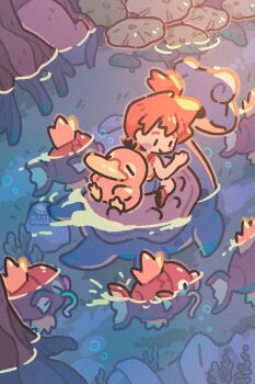 1girl afloat beak bird commentary denim denim_shorts duck english_commentary fish gen_1_pokemon highres lapras lily_pad magikarp misty_(pokemon) nintendo orange_hair petite_echorizon pokemon pokemon_(anime) pokemon_(classic_anime) pokemon_(creature) psyduck riding riding_pokemon shell shirt shorts side_ponytail suspenders tank_top water yellow_shirt yellow_tank_top