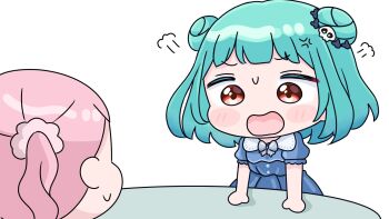 2girls anger_vein blue_dress blush_stickers bow chibi double_bun dress green_hair grey_bow hair_bun hair_ornament highres hololive mochimiko multiple_girls open_mouth pink_hair puffy_short_sleeves puffy_sleeves red_eyes short_sleeves simple_background skull_hair_ornament small_sweatdrop sweat table twintails uruha_rushia virtual_youtuber white_background