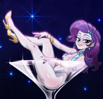 1girl blue_eyes blue_eyeshadow blush bracelet breasts cocktail_glass colored_skin commentary crystal_bikini cup drinking_glass earrings eyeshadow high_heels in_container in_cup jewelry large_breasts legs long_hair makeup my_little_pony my_little_pony:_equestria_girls my_little_pony:_friendship_is_magic purple_hair purple_nails rarity_(equestria_girls) rarity_(my_little_pony) smile ta-na_(tana351) white_skin