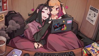 2girls ^_^ absurdres black_hair black_nails black_shirt black_sweater blush brown_hair closed_eyes commentary computer computer_keyboard couple cup english_commentary gradient_hair hand_on_another's_shoulder hand_on_another's_thigh headphones heart highres hug_from_side jewelry laptop lesbian_flag long_hair long_sleeves loving_aura multicolored_hair multiple_girls nail_polish open_mouth original pink_hair purple_sweater_vest ring shared_blanket shirt sidelocks steam sweater sweater_vest teeth togekk0 transgender_flag yuri