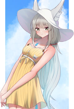1girl animal_ears blush cat_ears character_pin chest_jewel collarbone dress dromarch_(xenoblade) ears_through_headwear eteko_(eteco30) facial_mark hat highres looking_at_viewer low_twintails nia_(blade)_(xenoblade) nia_(fancy_sundress)_(xenoblade) nia_(xenoblade) official_alternate_costume smile solo sun_hat sundress twintails very_long_ears whisker_markings xenoblade_chronicles_(series) xenoblade_chronicles_2 yellow_dress