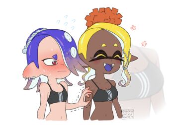 Rule 34 | 2girls, ariamikukanzaki, black sports bra, blonde hair, blush, breast awe, breasts, cleavage, commentary, dark-skinned female, dark skin, english commentary, fangs, frye (splatoon), gradient hair, hair over one eye, imminent breast grab, large breasts, medium support (meme), meme, multicolored hair, multiple girls, nintendo, pointy ears, purple hair, red eyes, shiver (splatoon), signature, small breasts, splatoon (series), splatoon 3, sports bra, sweat, tentacle hair, trembling, very dark skin, yuri, zoom layer