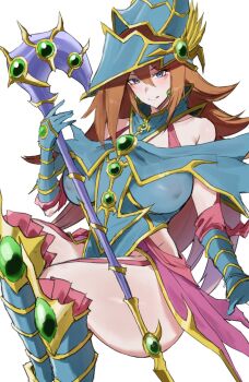1girl bare_shoulders blue_eyes breasts brown_hair collarbone duel_monster earrings female_focus gauntlets hat jewelry kataku_musou large_breasts long_hair looking_at_viewer magician's_valkyria simple_background skirt staff thighs white_background wizard_hat yu-gi-oh!