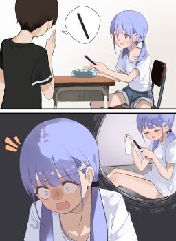 1boy 1girl blue_shorts bottomless hair_ornament hayakawa_sena_(pei_iriya) highres implied_after_masturbation long_hair open_mouth original pei_iriya purple_eyes pussy_juice shirt short_shorts short_sleeves shorts sitting twintails white_shirt