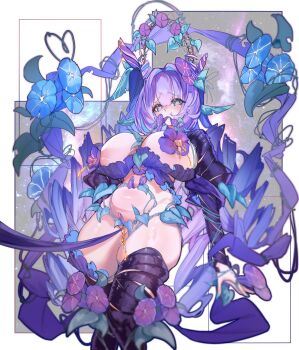 abstract_background aqua_eyes aqua_nails arch arm_wrap arms_at_sides bdsm blue_flower bondage bottomless bound breasts cleft_of_venus clitoral_piercing clitoris_leash clitoris_ring crossed_legs drill_hair eyes_visible_through_hair face_piercing floral_arch flower hair_flower hair_ornament heart heart-shaped_pupils huge_breasts lactation large_nipples leaves leg_wrap lip_piercing lip_ring long_hair looking_at_viewer monster_girl nail_polish navel nectar nipple_piercing nipple_sleeves original piercing plant_girl plump puffy_sleeves purple_flower purple_hair pussy pussy_juice pussy_piercing rancha06743732 rectangle reverse_outfit skindentation standing symbol-shaped_pupils thick_thighs thighs topless_female twin_drills underbust very_long_hair vine_bondage