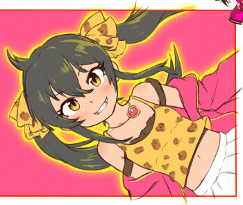 1girl beachepisode black_hair brown_eyes collarbone fangs heart heart_necklace highres idolmaster idolmaster_cinderella_girls idolmaster_cinderella_girls_u149 jewelry long_hair looking_at_viewer matoba_risa navel necklace open_mouth pleated_skirt skirt smile solo teeth twintails upper_body white_skirt