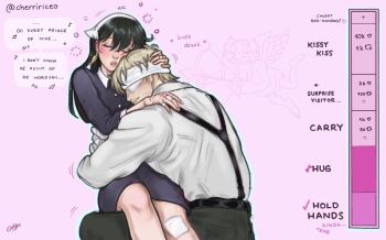 1boy 1girl black_hair blush breasts cherririce dress earrings gold_earrings hair_ornament hairband husband_and_wife jewelry large_breasts long_hair red_eyes sidelocks spy_x_family twilight_(spy_x_family) white_hairband yor_briar