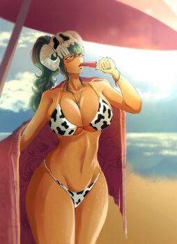 bare_shoulders beach beach_umbrella bikini bleach bracelet collarbone cow_print cow_print_bikini espada facial_mark food green_hair jewelry legs_together long_hair mask mask_on_head navel necklace nelliel_tu_odelschwanck ocean ponytail popsicle print_bikini sand skull_on_head standing stomach swimsuit thighs umbrella veeepawoon water