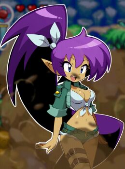 1girl alternate_costume animated animated_gif bare_legs blue_eyes breasts buttons cleavage cleavage_cutout clothing_cutout dark_skin gameplay_mechanics genie gradient_hair hair_ribbon health_bar heart highres jacket large_breasts legband long_hair multicolored_hair navel official_alternate_costume official_art open_hand open_hands open_mouth pointy_ears promotional_art purple_hair ribbon sakurajyousui_nami shantae shantae_(relic_hunter) shantae_(series) shantae_advance:_risky_revolution shiny_skin shirt short_shorts shorts smile teeth third-party_edit tied_shirt tongue two-tone_hair unbuttoned very_long_hair wayforward wide_hips